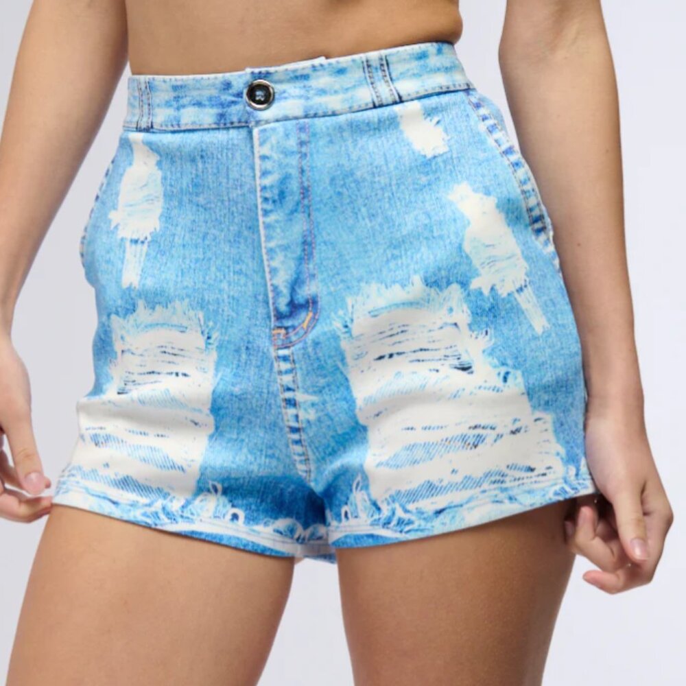 Callie Lives Graphic Denim High Waist Blue & White Shorts M